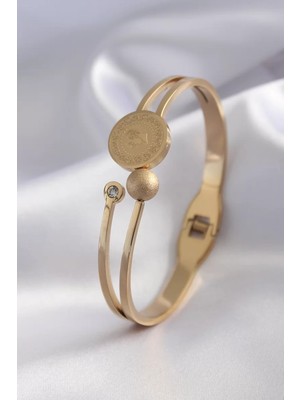 Renas Store Çelik Gold Renk Çeyrk Altın Zirkon Taş Detay Kadın Kelepçe - TJ-BB5152