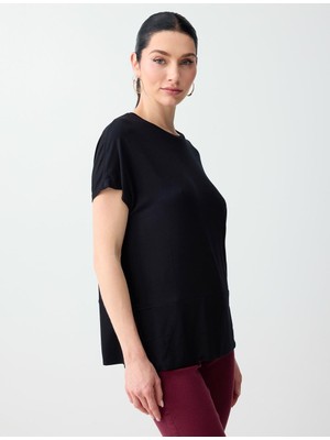 Jimmy Key Siyah Rahat Kesim Yuvarlak Yaka Düşük Omuz Örme Bluz