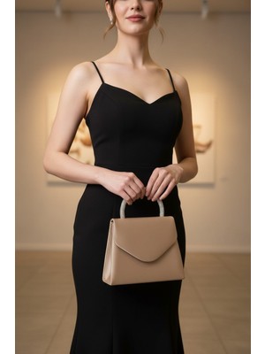 Enoch Kadın Saten Dokulu Işıltılı Taşlı Saplı Minimalist Abiye El Çantası