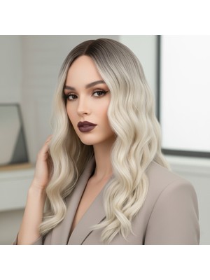 Renas Store Daalı Perçemli Fiber Sen Orta Boy Peruk / Kahverengi / Beyaz Platin Ombreli