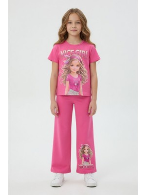 Cansın Mini Pembe Kız Karakter Baskılı Geniş Paça Pantolonlu 2li Kız Çocuk Takım 23801