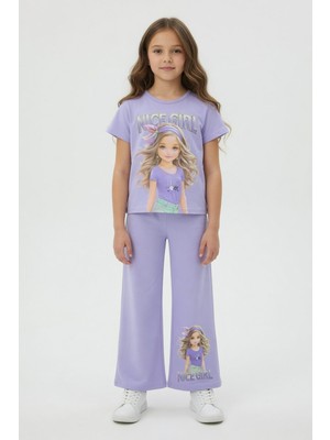 Cansın Mini Lila Kız Karakter Baskılı Geniş Paça Pantolonlu 2li Kız Çocuk Takım 23802
