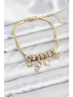 Renas Store Pirinç Gold Renk Uzay Tema Charmlı Kadın Bileklik - TJ-BB8179