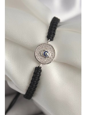 Renas Store Pirinç Gümüş Renk Zirkon Taşlı Nazar Boncuk Işleme Makrome Asansörlü Model Kadın Bileklik - TJ-BB67