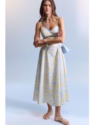 DeFacto Kalp Yaka Baskılı Poplin Askılı Midi Elbise H3436AX26SM