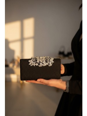 Enoch Kadın Saten Dokulu Işıltılı Taşlı Yaprak Figürlü Minimalist Abiye Portföy Çanta