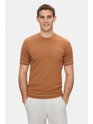 Ucla Fared Kahve Bisiklet Yaka Triko Nakışlı %100 Pamuk Standard Fit Erkek Tshirt