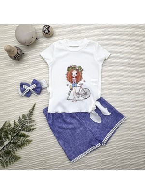 Renas Store 1-2-3 Yaş Bisikletli Kız Baskılı Bandanalı Kot Desenli Şort Kısa Kollu Tişört 3lü Kız Bebek Takımı