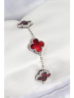 Renas Store Çelik Sedefli Kırmızı Gümüş Renk Yonca Kadın Bileklik - TJ-BB7665