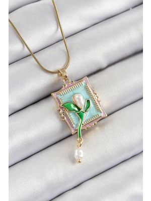 Almira Butik Mey Ithalat® 316L Çelik Zincir Turkuaz Sanatsal Portre Sallantılı Inci Detaylı Lale Model Gold Renk Kadın Kolye