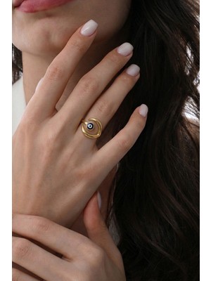 Söğütlü Silver 925 Ayar Gümüş Yüzük Altın Kaplama Sarmal Tasarım Nazar Boncuklu Yüzük-Şans ve Koruma Temalı SGTL13322GOLD