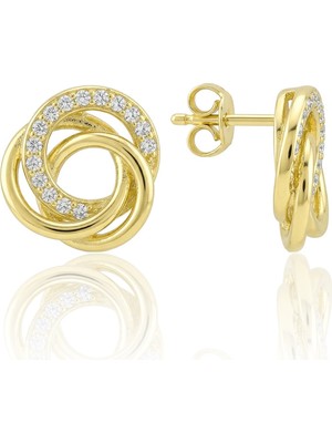 Söğütlü Silver 925 Ayar Gümüş Küpe Iç Içe Geçmeli Halka Küpe - 14 Ayar Altın Kaplama Zirkon Taşlı Lüks Pervane Çivili Küpe SGTL12417GOLD