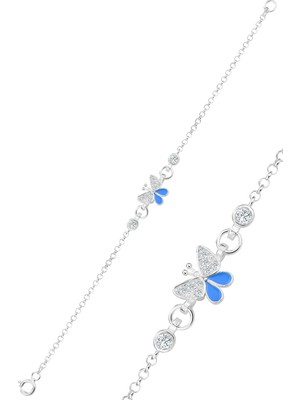 Söğütlü Silver 925 Ayar Gümüş Mineli Kelebek Çocuk Bilekliği - Mavi Beyaz Kanatlı Bebek Künyesi SGTL13332RODAJ