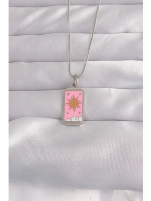 Almira Butik Mey Ithalat® 316L Çelik Gümüş Renk Pembe Mineli Güneş Model Tarot Kolye