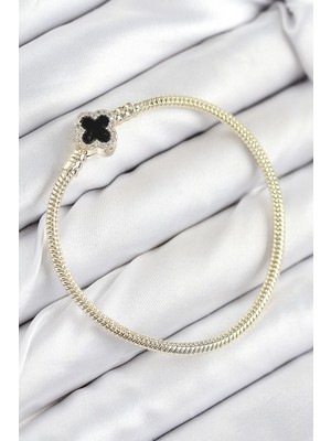 Almira Butik Mey Ithalat® Pirinç Charm Zirkon Taşlı Yonca Model Gold Renk Kadın Bileklik