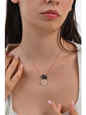 Söğütlü Silver 925 Ayar Gümüş Kolye Rose Kaplama Onix Taşlı Ananas Kolye -  Işıltılı Tropikal Hediye SGTL13315SIYAH