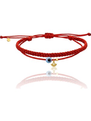 Söğütlü Silver 925 Ayar Gümüş Bileklik Altın Kaplama Otantik Motifli ve Nazar Boncuklu Kırmızı Ip Bileklik - El Işçiliği Makrome Örgü Şans Bilekliği SGTL13306GOLD