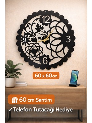 Madam Gold Dekoratif Sessiz Siyah Metal Duvar Saati 60X60 cm Metal Telefon Tutacağı Hediyeli