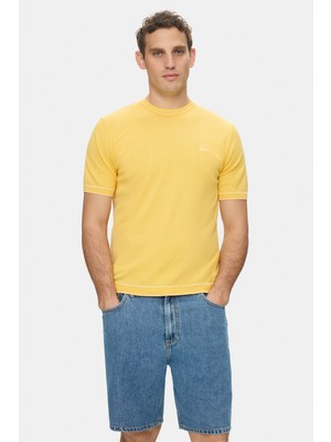 Ucla Fared Açık Sarı Bisiklet Yaka Triko Nakışlı %100 Pamuk Standard Fit Erkek Tshirt