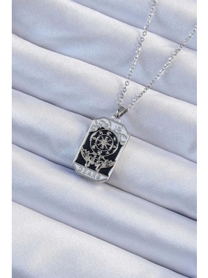 Almira Butik Mey Ithalat® 316L Çelik Zincir Gümüş Renk Işlemeli Siyah Mineli Tarot Kolye