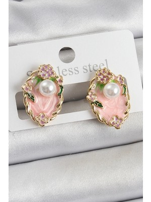Almira Butik Mey Ithalat® Pirinç Pembe Mineli Inci Detaylı Sanatsal Portre Model Gold Renk Kadın Küpe
