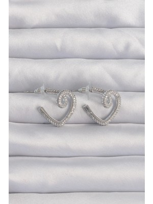 Almira Butik Mey Ithalat® Pirinç Gümüş Renk Zirkon Taşlı Kıvrımlı Yarım Kalp Küpe