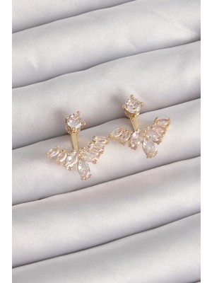 Almira Butik Mey Ithalat® Pirinç Gold Renk Zirkon Taşlı V Model Küpe
