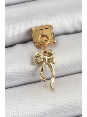 Almira Butik Mey Ithalat® 316L Çelik Sallantılı Uzun Fiyonk Model Gold Renk Nomination Charm