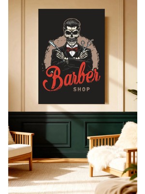 Mushen Studio Kafatası Berber Dükkanı Vintage Kanvas Tablo Solvent Baskı Erkek Dekoru Duvar Sanatı