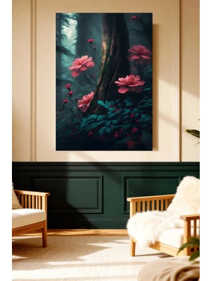 Mushen Studio Mushen Studıo Karanlık Mistik Orman Kırmızı Çiçekli Ağaç Çerçevesiz Kanvas Tablo Dekoratif Duvar