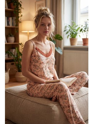 NBB Dantel Yaka Yaprak Desenli Ip Askılı Pijama Takım 68383