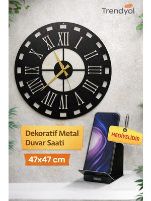 Madam Gold Dekoratif Sessiz Siyah Metal Duvar Saati 47X47CM Metal Telefon Tutacağı Hediyeli