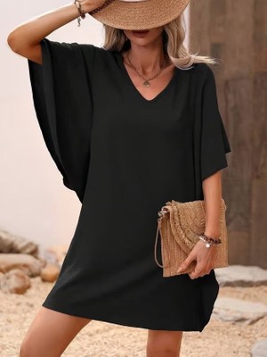 Zenvia Kadın Kısa Kollu V Yakalı Yanları Volanlı Kısa Ithal Krep Elbise