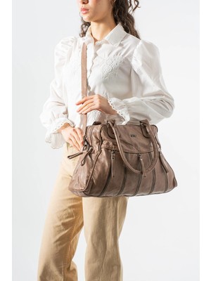 571 Collections Çanta Yıkanmış Deri Çok Gözlü Omuz Çantası Vizon MODEL:(571-12L)