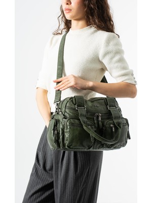 571 Collections Çanta Yıkama Deri Çok Gözlü, Omuz ve Kol Çantası Yeşil MODEL:(571-12N)