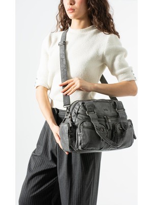 571 Collections Çanta Yıkama Deri Çok Gözlü, Omuz ve Kol Çantası Gri MODEL:(571-12N)