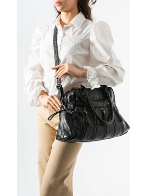 571 Collections Çanta Yıkanmış Deri Çok Gözlü Omuz Çantası Siyah MODEL:(571-12L)