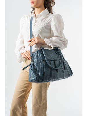 571 Collections Çanta Yıkanmış Deri Çok Gözlü Omuz Çantası Mavi MODEL:(571-12L)