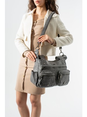 571 Collections Çanta Yıkanmış Deri Çok Cepli Omuz Kol Çantası Gri MODEL:(571-12M)