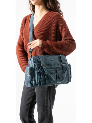 571 Collections Çanta Yıkanmış Deri Çok Cepli Omuz Kol çantası Mavi MODEL:(571-12P)