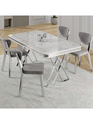 Canisa Raja Serisi 80X130 Lak Panel Beyaz Mermer Desen Masa Takımı Krom Ayaklı 4 Gri Sandalye