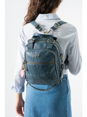 571 Collections Çanta Yıkanmış Deri, Çok Fonksiyonlu Sırt ve Kol Çantası Mavi Model: (571-17R)