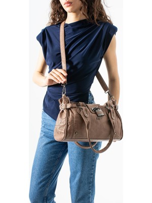 571 Collections Çanta Yıkanmış Deri Omuz Kol Çantası Vizon - Kilit AKSESUARLI MODEL:(571-12S)