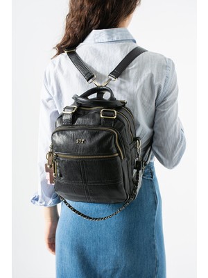 571 Collections Çanta Yıkanmış Deri, Çok Fonksiyonlu Sırt ve Kol Çantası Siyah Model: (571-17R)