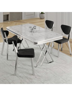 Canisa Raja Serisi 80X130 Lak Panel Beyaz Mermer Desen Masa Takımı Krom Ayaklı 4 Krem Sandalye