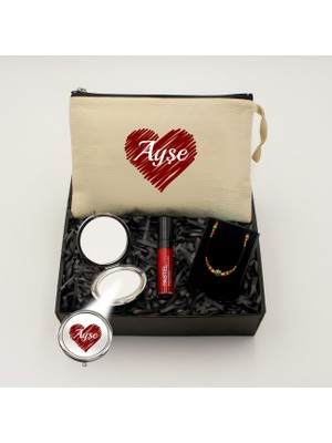 As Gift Kişiye Özel Kanvas Makyaj Çantası& Ayna &pastel Ruj & Kolye Hediye Seti