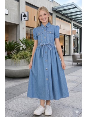 Hc Kids Wear 10–15 Yaş Kız Çocuk Kot Elbise Kuşaklı Düğmeli Bayramlık Elbise