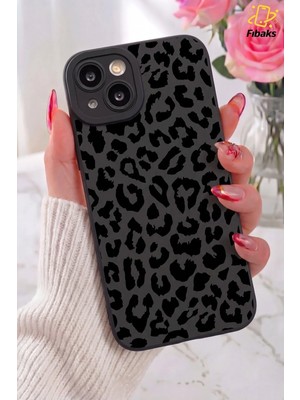 Fibaks iPhone 13/14 Kılıf Mat Siyah Hologramlı Leopar Desenli Kamera Korumalı Yumuşak Silikon Kapak