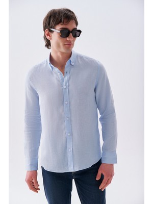 Mudo Erkek Kahverengi Slim Fit Uzun Kollu Keten Gömlek