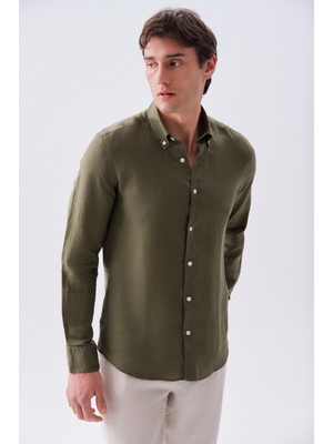 Mudo Erkek Kahverengi Slim Fit Uzun Kollu Keten Gömlek